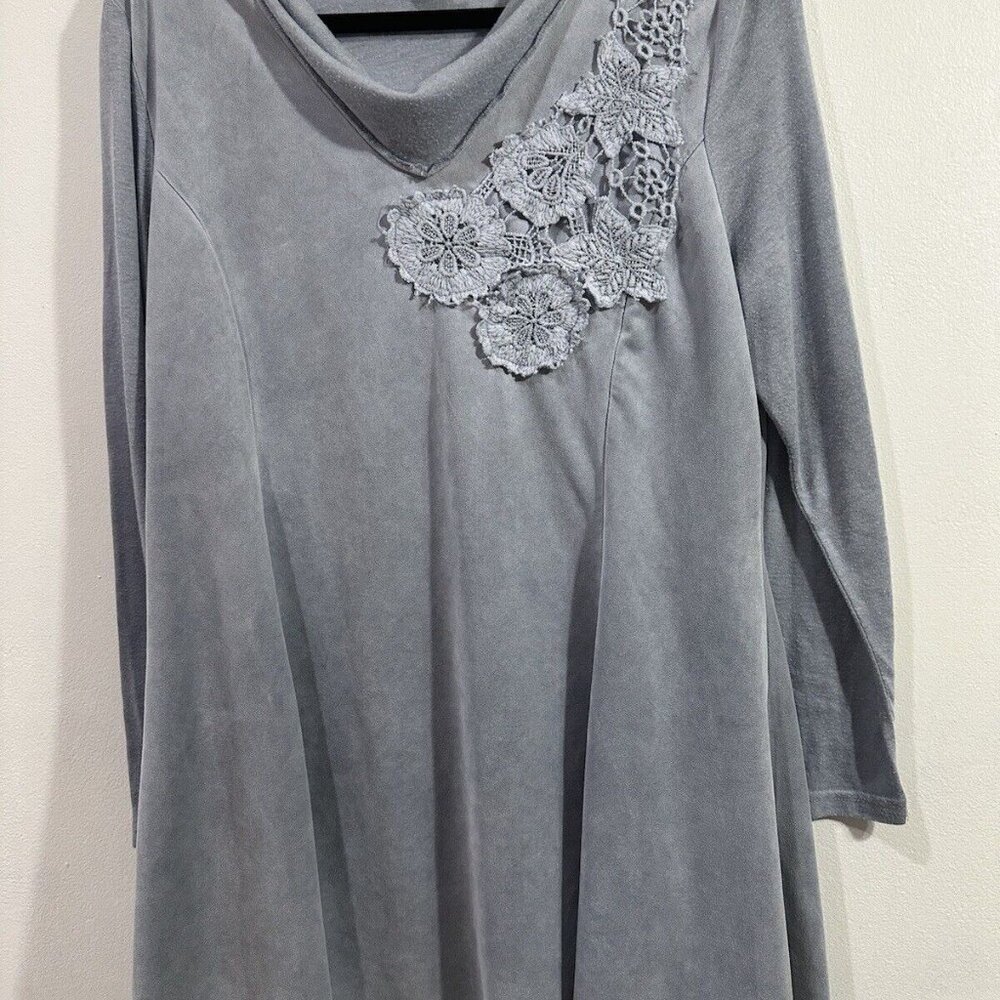 Feratelli Women's Boho Art Top Gray Long Sleeve Tunic Style Lace Crochet SZ M - Picture 13 of 16